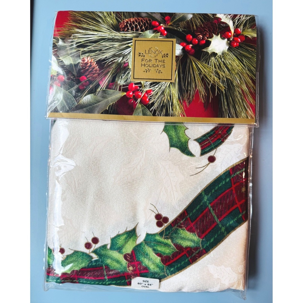 Lenox Holiday Nouveau Tablecloth White Ivory Oval 60x84 Holly Berry Plaid Ribbon